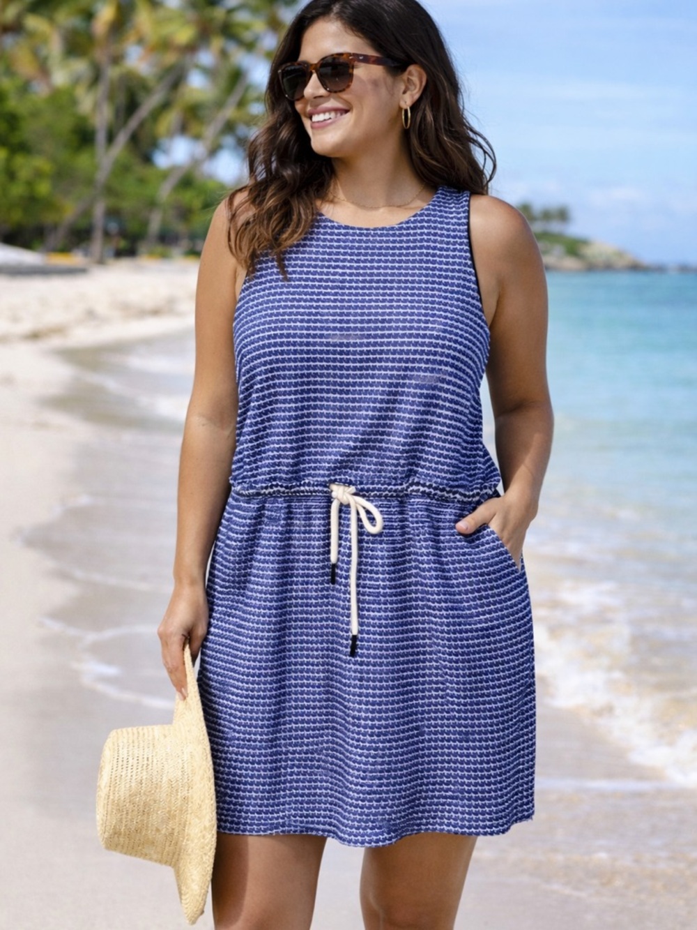 Chaser Blue Patterned Sleeveless Drawstring Beach Cover-Up or Dress